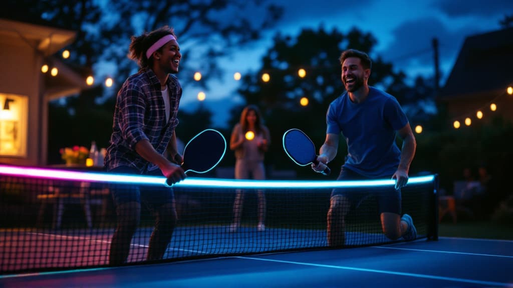 Night pickleball game with illuminated equipment