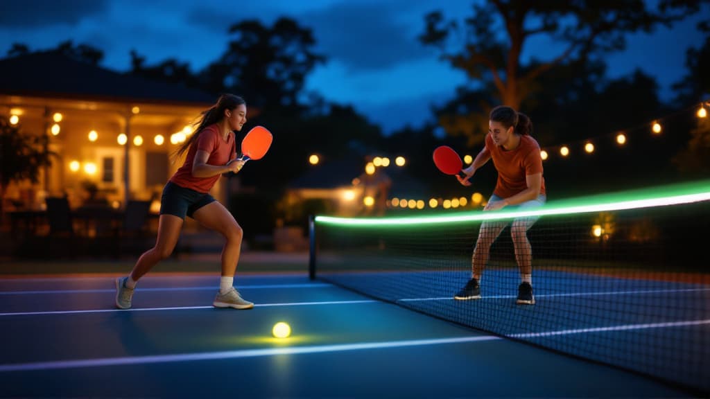 Group playing pickleball at night with illuminated gear