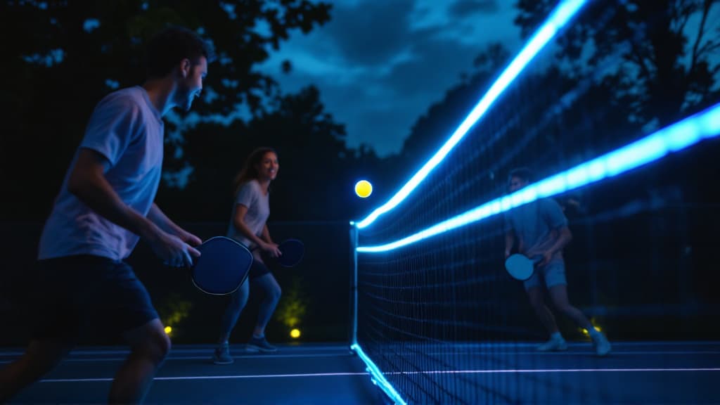 Night pickleball court illuminated with LED gear